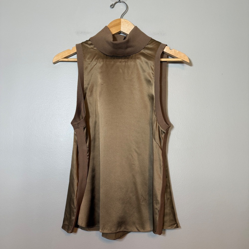 Cinq a Sept Bronze Brown 100% Silk Sleeveless Ribbed Turtleneck Top Large